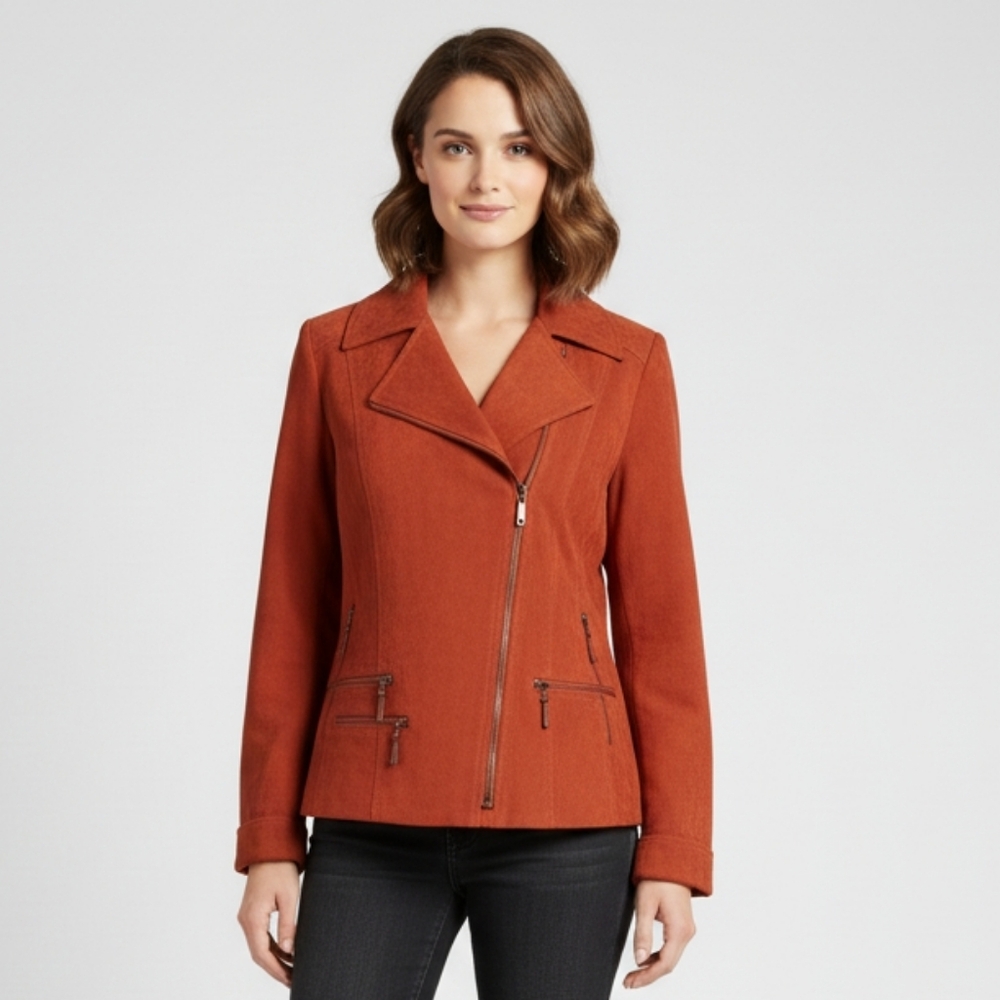Faux Suede Moto ConradC Women's Jacket in Vibrant Burnt ORANGE